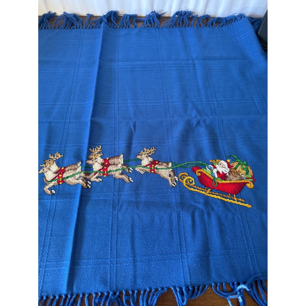 Vintage Christmas Santa Sleigh Reindeer Cross Stitch Blue‎ Fringed Tablecloth